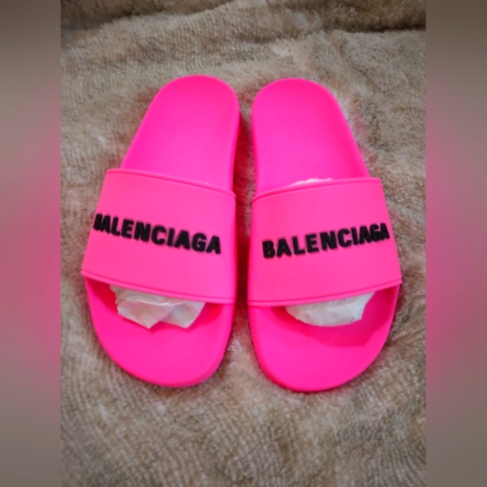 🔥BALENCIAGA POOL SLIDE LOGO FLUO PINK BLACK 37🔥NEW WITH  DUSTBAG & BOX🔥